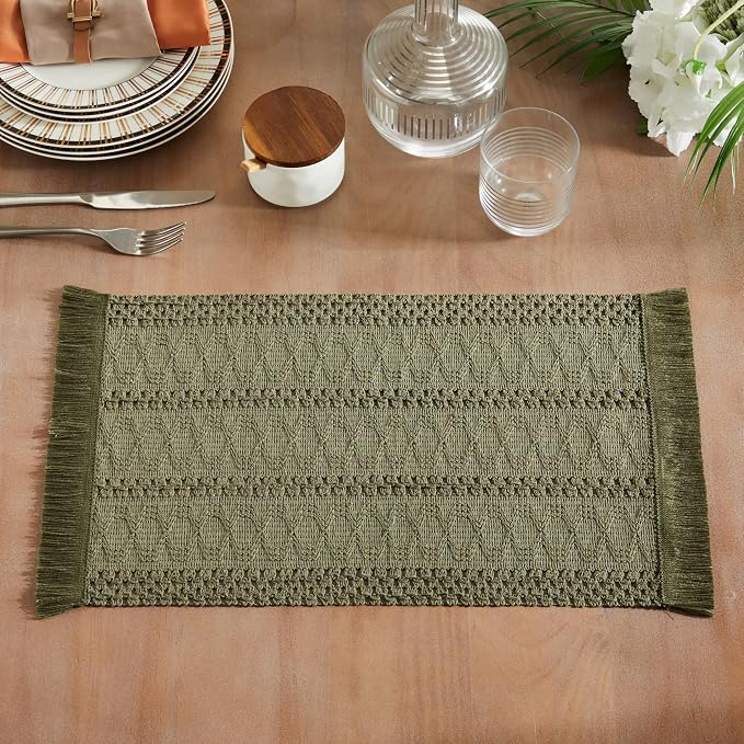 ZeeMart Macrame Style Boho Placemats Set of 6, Moss 12x20 Inch | Decorative Farmhouse Table Mats, Natural Cotton Woven Place Mats, Bohemian Home Decor for Kitchen Dining Table