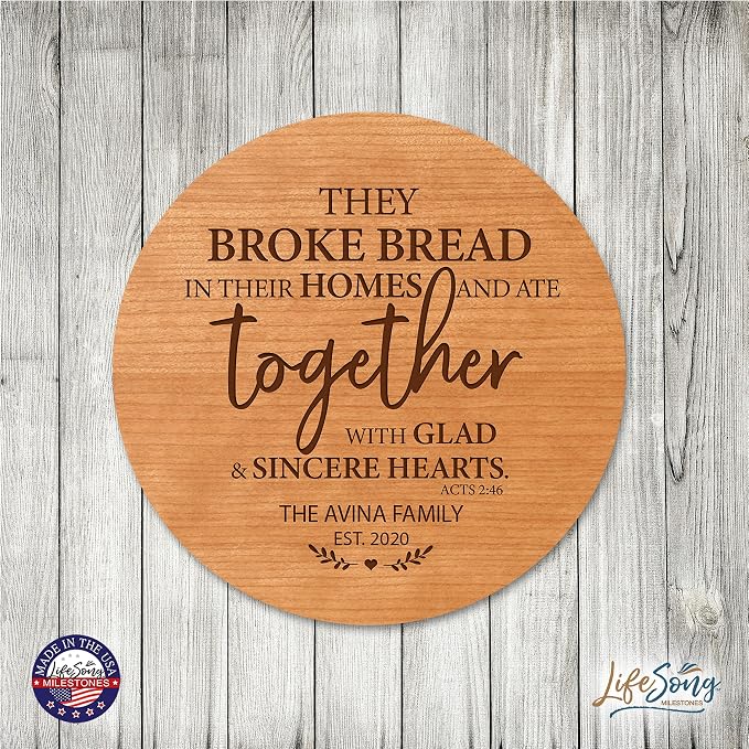 LifeSong Milestones Personalized Cherry Wood Lazy Susan Kitchen Turntable Everyday Design Ideas 12” Engraved Decorative Serving Centerpiece Family (They Broke Bread)