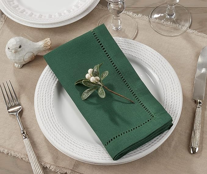 SARO LIFESTYLE Hemstitched Border Dinner Napkin (Set of 12), Jasper Green, 20"x20"