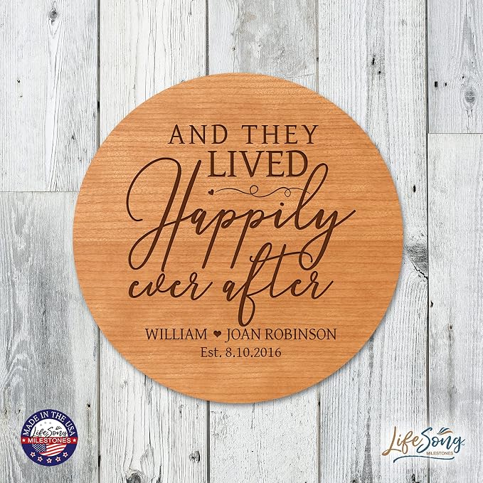 LifeSong Milestones Personalized Cherry Wood Lazy Susan Kitchen Turntable Everyday Design Ideas 12” Engraved Decorative Serving Centerpiece Couple (Happily Ever After)