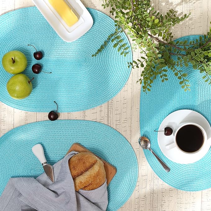 DII Classic Woven Tabletop Collection, Indoor/Outdoor Placemat Set, Oval, 12x18, Aqua, 6 Piece