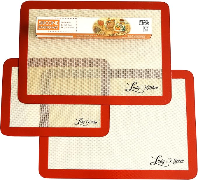 Silicone Baking Mat, 3-Pc Set by Ludy's Kitchen - Replaces Parchment Paper - Professional Grade Bakeware - Non-Stick, Durable, & Reusable Sheet Pan Liners - Great Gift Ideas