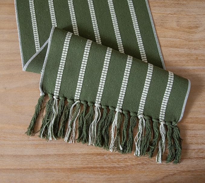 Caflife Boho Table Runner 72 Inchs Long Green, Cotton and Linen Woven with Tassels, for Modern Rustic Farmhouse Neutral Table Runners, Bohemian Kitchen Dining Table Home Decor