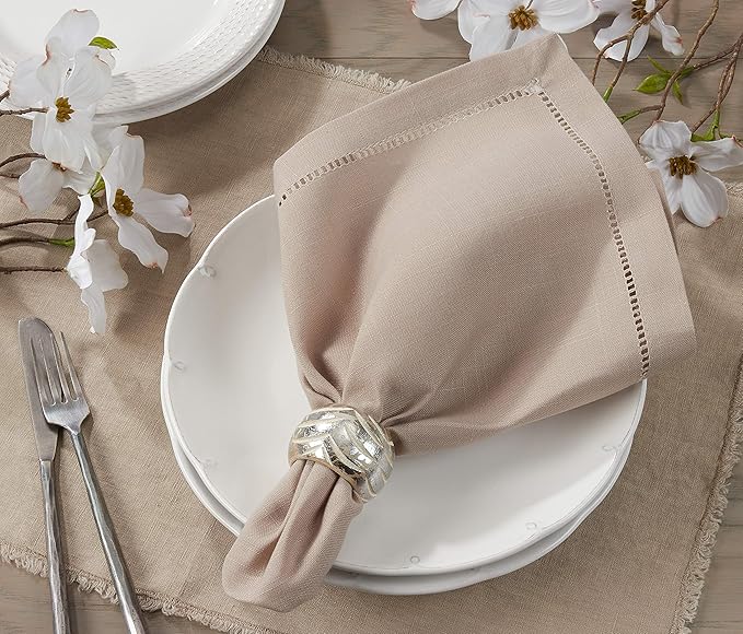 SARO LIFESTYLE Hemstitched Border Dinner Napkin (Set of 12), Taupe, 18" x18