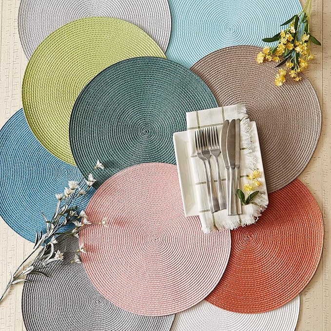 DII Classic Woven Tabletop Collection, Indoor/Outdoor Placemat Set, Round, 15" Diameter, Pink Sorbet, 6 Piece