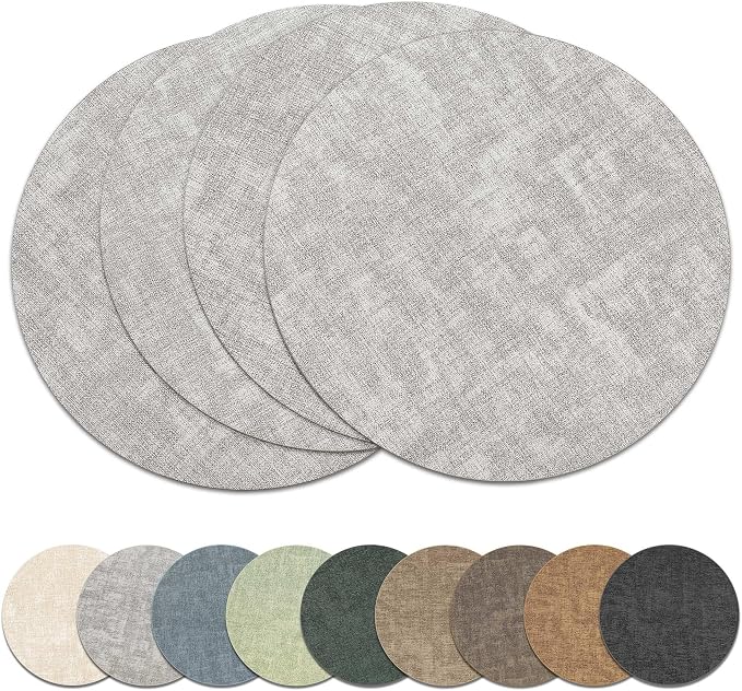 13" Round Placemats Set of 4, Reversible Faux Leather Heat Resistant Table Mats, Waterproof Oilproof Wipeable Table Protective Placemats for Vinyl, Washable for Indoor & Outdoor Use (4, Light Grey)