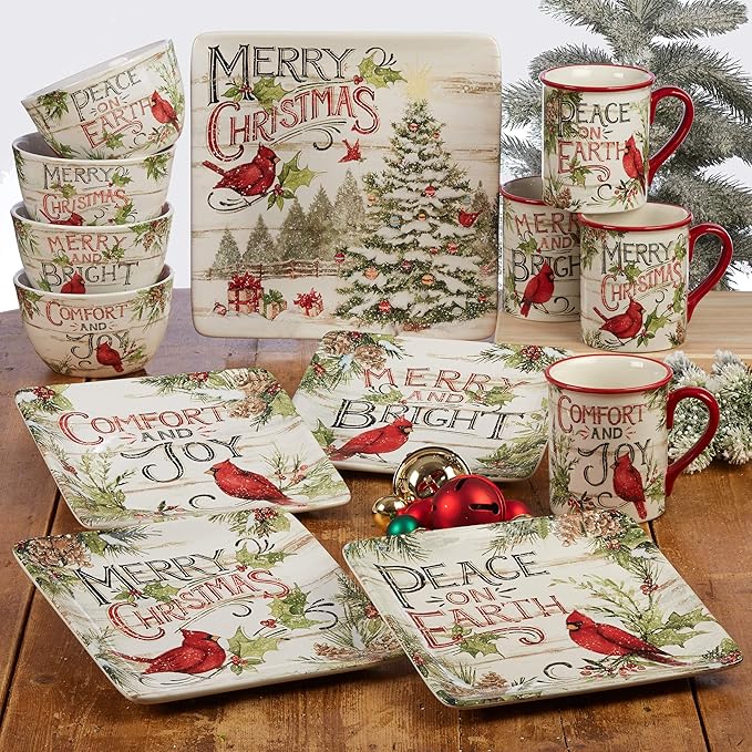 Evergreen Christmas 16 oz Ceramic Mugs – Set of 4 – Holiday Cardinal Design with Festive Sayings – Durable Stoneware Drinkware for Hot Cocoa, Coffee, Tea & Winter Gifting