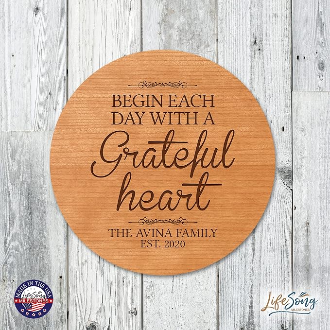 LifeSong Milestones Personalized Cherry Wood Lazy Susan Kitchen Turntable Everyday Design Ideas 12” Engraved Decorative Serving Centerpiece Family (Begin Each Day)