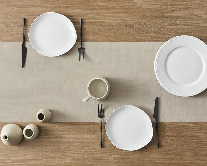 ZeeMart Linen Textured Border Table Runner, 14 x 36 Inch Natural, Farmhouse Style Neutral Table Runners 36 Inches Long, Easy Care Everyday Polyester Table Runner