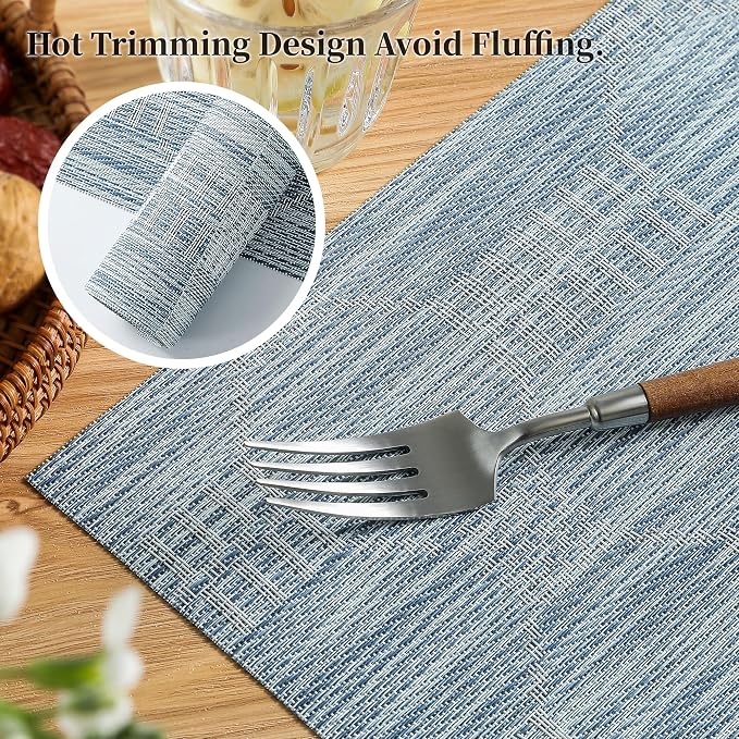 Leetaltree Jacquard Blue Placemats Set of 12 - Heat Resistant Non-Slip Place mats for Dining Table, Washable Durable PVC Vinyl Woven Table Mats（Jacquard Blue, 12）