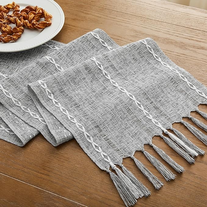 Hemstitched Farmhouse Table Runner, Charcoal 13x90 Inch, Cotton Linen Table Runners 90 Inches Long, Embroidered Striped Grey Boho Table Runner Rustic Home Decor