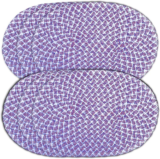 CAIT CHAPMAN HOME COLLECTION White Blue Red July 4th 12"x18"-Oval Braided Woven Polypropylene Plastic Placemats, Set of 6