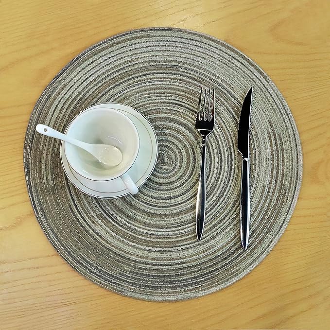 Youyi Round Braided Placemats Set of 6, 15 Inch Place Mats Washable Heat Stain Resistant Resistant Non-Slip Modern Farmhouse Table Mats for Kitchen Decor, Light Gray