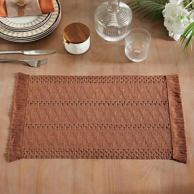 ZeeMart Macrame Style Boho Placemats Set of 6, Terracotta 12x20 Inch | Decorative Farmhouse Table Mats, Natural Cotton Woven Place Mats, Bohemian Home Decor for Kitchen Dining Table