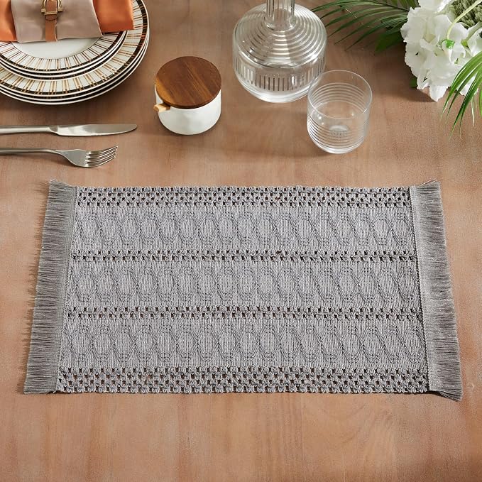 ZeeMart Macrame Style Boho Placemats Set of 6, Grey 12x20 Inch | Decorative Farmhouse Table Mats, Natural Cotton Woven Place Mats, Bohemian Home Decor for Kitchen Dining Table