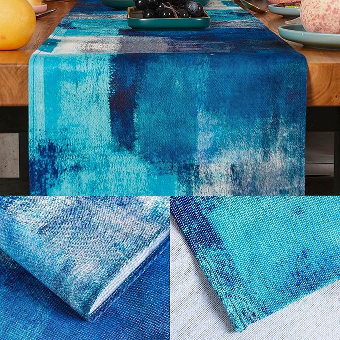 Turquoise Table Runner Teal Abstract Modern Art Painting Blue Table Linen for Farmhouse Kitchen Dining Parties Home Decor 13 x 108 Inch