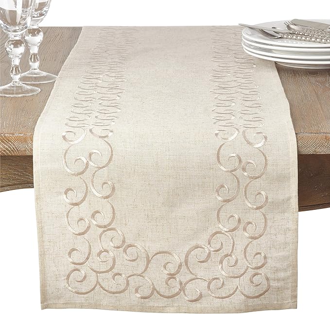 SARO LIFESTYLE Swirling Collection Embroidered Design Linen Blend Table Runner, 16" x 108", Natural