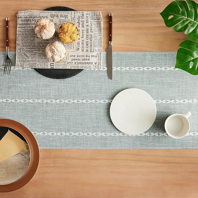 Braided Farmhouse Table Runner,Braided Dusty Blue 13x36 Inch, Cotton Linen Table Runners 36 Inches Long, Embroidered Striped Dusty Blue Boho Table Runner Rustic Home Decor