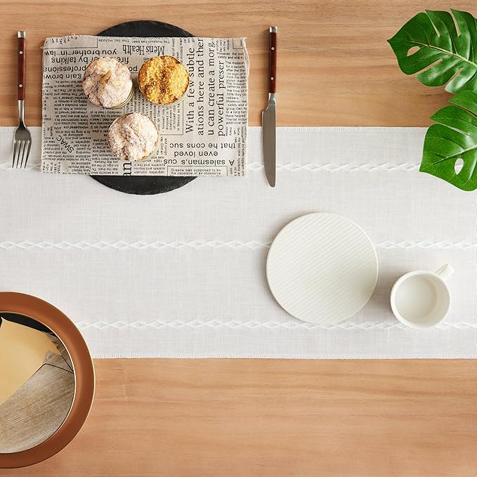 Braided Farmhouse Table Runner, Braided White 13x48 Inch, Cotton Linen Table Runners 48 Inches Long, Embroidered Striped White Boho Table Runner Rustic Home Decor