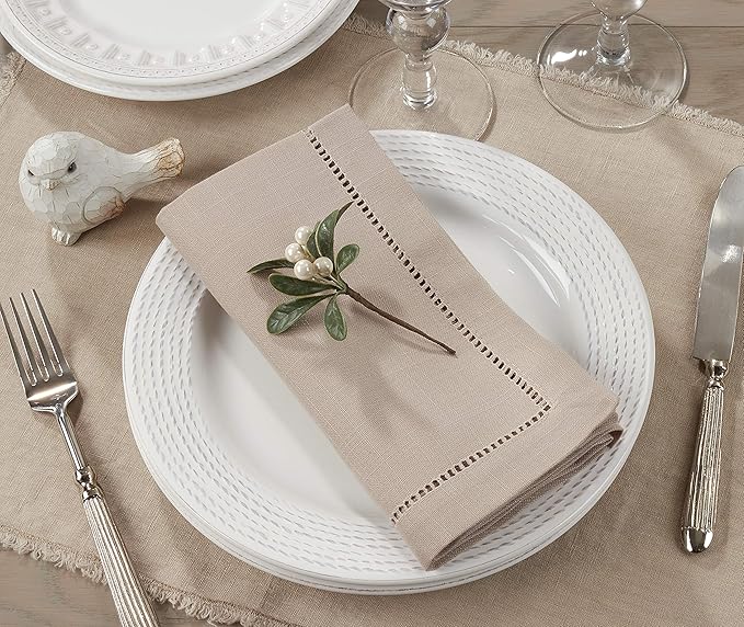 SARO LIFESTYLE Hemstitched Border Dinner Napkin (Set of 12), Taupe, 18" x18