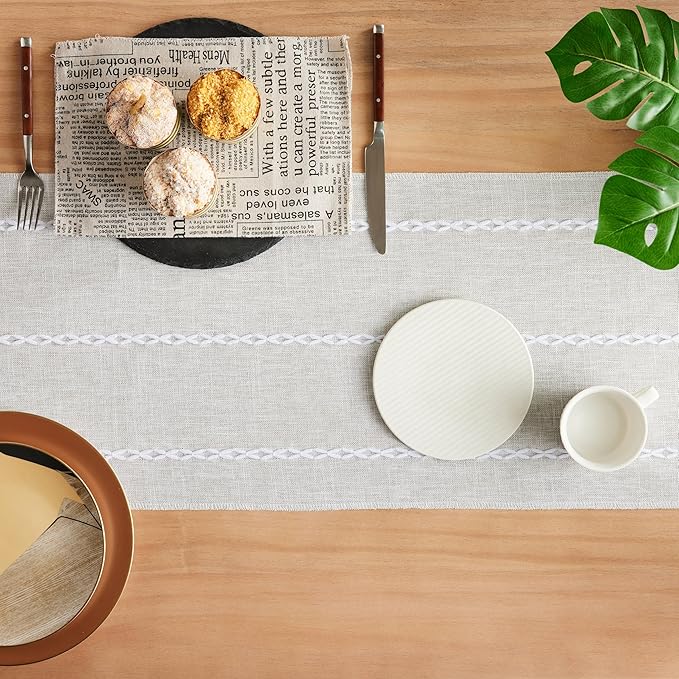 Braided Farmhouse Table Runner, Braided Light Grey 13x90 Inch, Cotton Linen Table Runners 90 Inches Long, Embroidered Striped Light Grey Boho Table Runner Rustic Home Decor