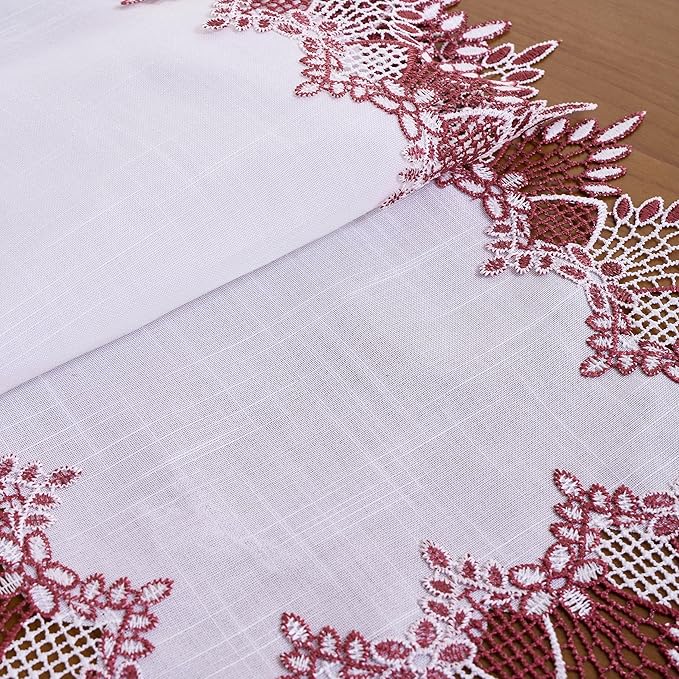 White Dark Red Jacquard Lace Table Runner 60 inches Long, Claret Dresser Scarf Table Topper for Christmas Kitchen Coffee Table Wedding Party Home Decor (Dark Red, 16”x60”)