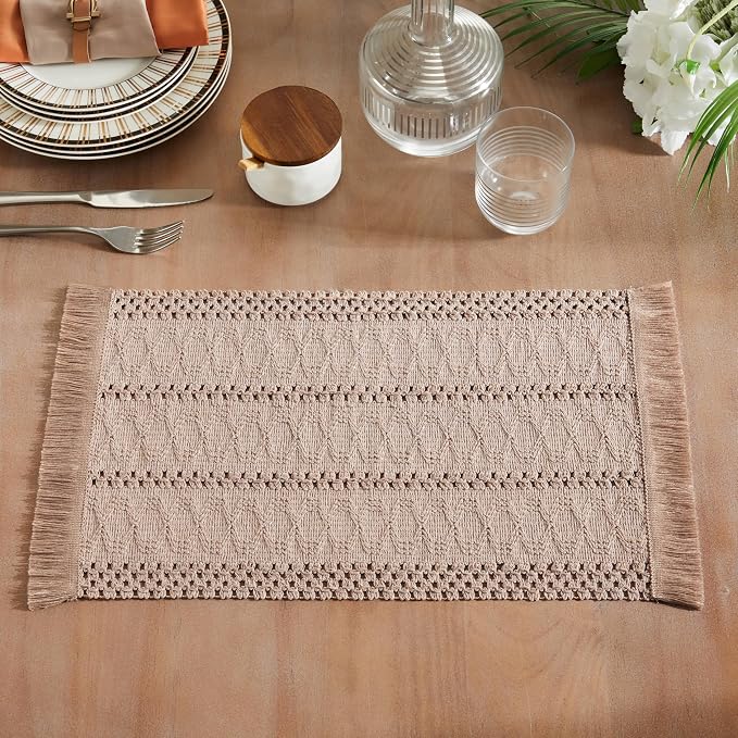 ZeeMart Macrame Style Boho Placemats Set of 6, Taupe 12x20 Inch | Decorative Farmhouse Table Mats, Natural Cotton Woven Place Mats, Bohemian Home Decor for Kitchen Dining Table
