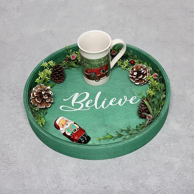 Elegant Designs HG2013-GBL Christmas Decorative 13.75'' Round Wood Serving Tray w/Handles, Green Believe