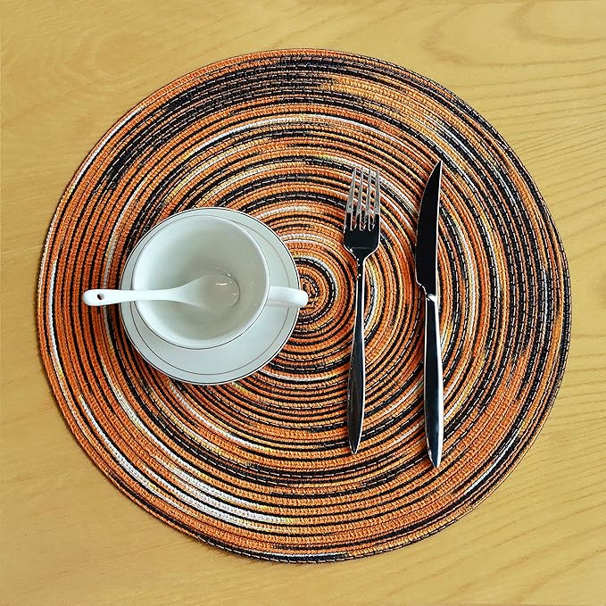 Youyi 15 Inch Round Braided Placemats Set of 6, Washable Heat Resistant Non-Slip Boho Farmhouse Table Mats for Kitchen Decor, Caramel