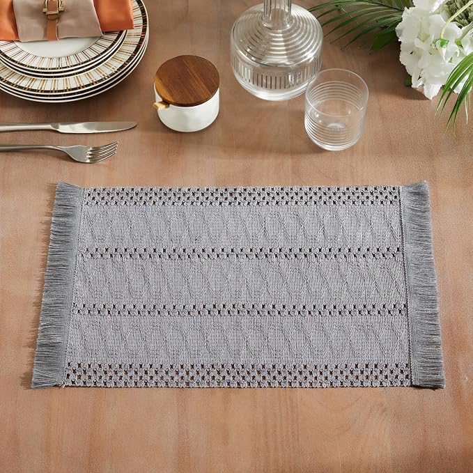 ZeeMart Macrame Style Boho Placemats Set of 6, Light Blue Grey 12x20 Inch | Decorative Farmhouse Table Mats, Natural Cotton Woven Place Mats, Bohemian Home Decor for Kitchen Dining Table
