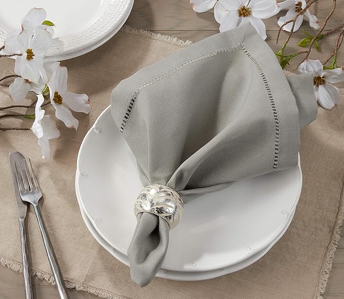 SARO LIFESTYLE Hemstitched Border Dinner Napkin (Set of 12), Grey, 20"x20"