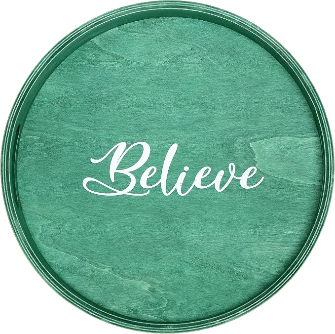 Elegant Designs HG2013-GBL Christmas Decorative 13.75'' Round Wood Serving Tray w/Handles, Green Believe