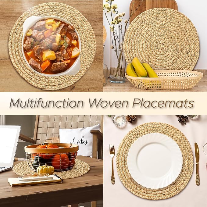 BLUEWEST Woven Placemats - 13" Boho Round Rattan Placemats (Pack of 10) - Wicker Water Hyacinth Braided Set - Heat Resistant/Anti-Slip/Durable for Dinner Plate, Dining Table
