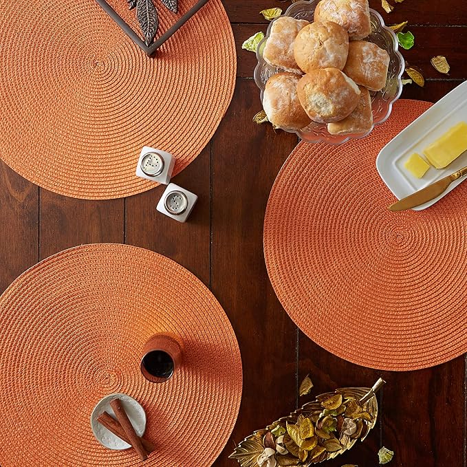 DII Classic Woven Tabletop Collection, Indoor/Outdoor Placemat Set, Round, 15" Diameter, Orange, 6 Piece
