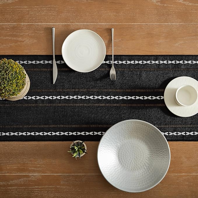 Hemstitched Farmhouse Table Runner, Black 13x48 Inch, Cotton Linen Table Runners 48 Inches Long, Embroidered Striped Orange Boho Table Runner Rustic Home Decor