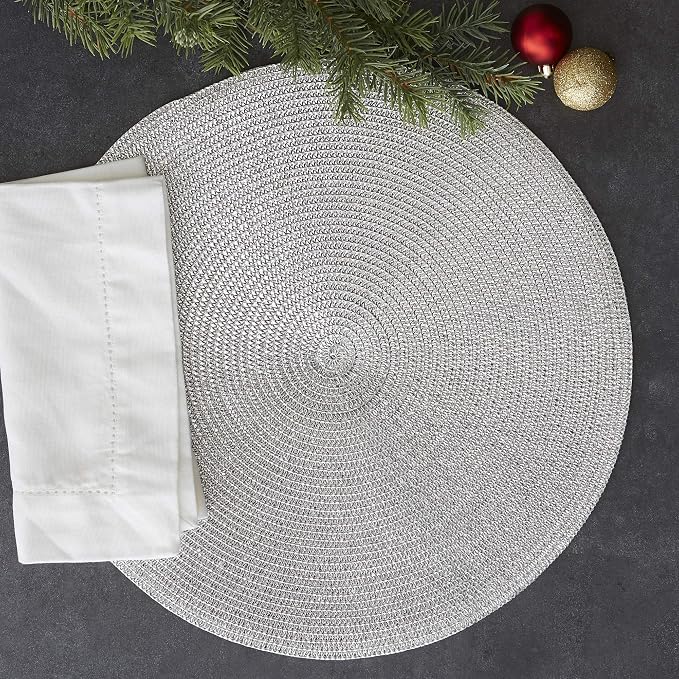 DII Woven Placemats Collection Metallic Round Placemat Set, 15", Silver, 6 Piece