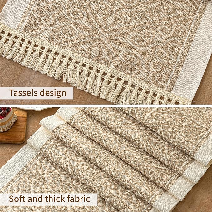 Spillproof Boho Table Runner with Tassels, Nordic Norland Woven Linen Textured Dresser Scarf, Heavy Duty Water Resistant Farmhouse Decor for Dining and Coffee Table, Beige, 14x48 Inches
