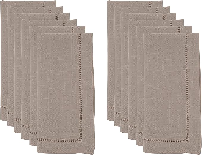 SARO LIFESTYLE Hemstitched Border Dinner Napkin (Set of 12), Taupe, 18" x18