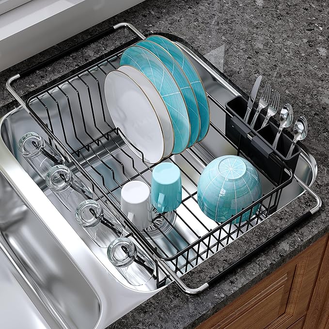 Black Dish Drying Rack Over the Sink In Stainless Steel Expandable Drainer for Small Kitchen, Counter Space Saving Compact Inside Sink Plate Dryer, Adjustable Hanging Metal Wire Strainer Drain Holder