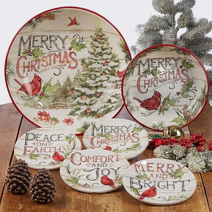 Evergreen Christmas 16 oz Ceramic Mugs – Set of 4 – Holiday Cardinal Design with Festive Sayings – Durable Stoneware Drinkware for Hot Cocoa, Coffee, Tea & Winter Gifting