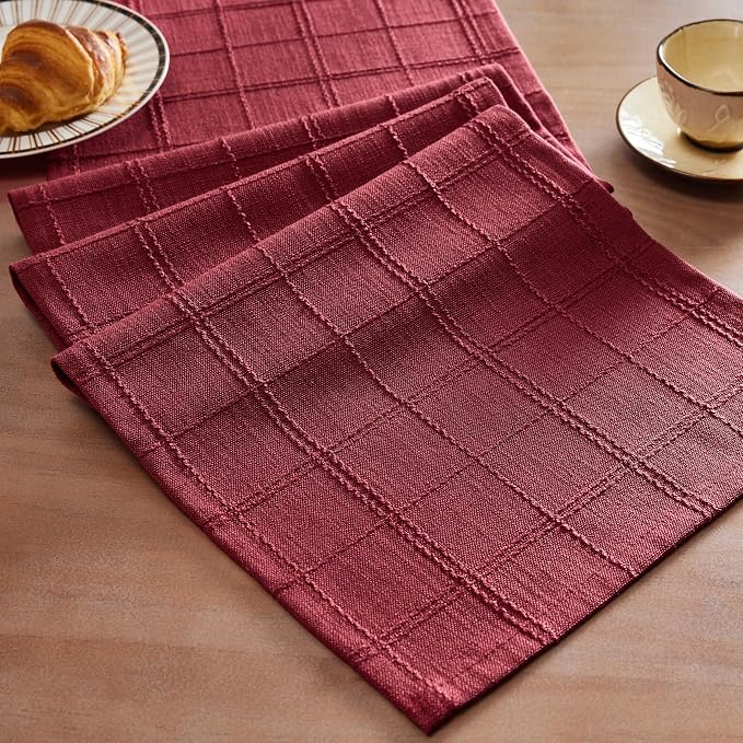 ZeeMart Linen Checked Farmhouse Table Runner, 13x72 Inches Burgundy | Raised Grid Design, Rich Woven Texture, Linen Blend Table Runners 72 Inches Long, Machine Washable, Boho Home Kitchen Decor