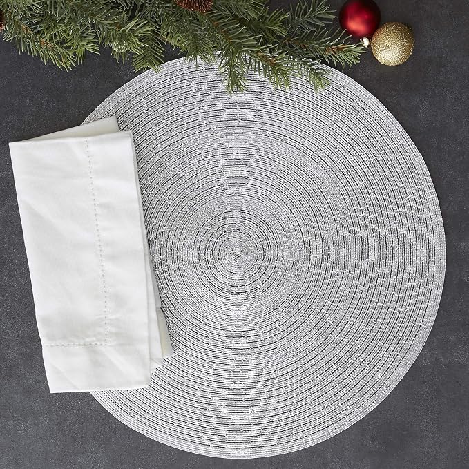 DII Woven Placemats Collection Metallic Round Placemat Set, 15", Platinum Silver, 4 Piece