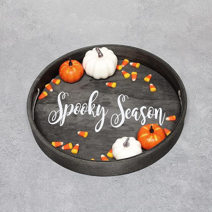 Elegant Designs HG2013-BKS Halloween Decoration Decorative 13.75'' Round Wood Serving Tray w/Handles, Black Spooky Season