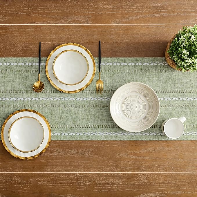 Hemstitched Farmhouse Table Runner, Sage Green 13x108 Inch, Cotton Linen Table Runners 108 Inches Long, Embroidered Striped Sage Green Boho Table Runner Rustic Home Decor