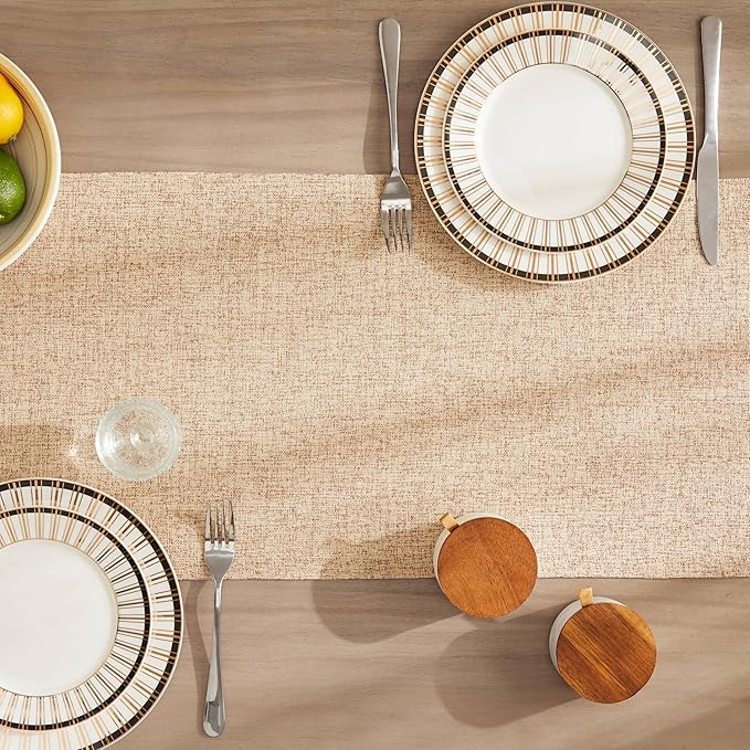 ZeeMart Burlap Style Farmhouse Table Runners 90 Inches Long, Beige Rustic Woven Dining Table Runner for Everyday Use, 14x90 Inches, Oatmeal Beige