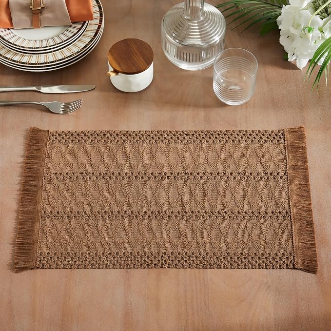 ZeeMart Macrame Style Boho Placemats Set of 4, Caramel 12x20 Inch | Decorative Farmhouse Table Mats, Natural Cotton Woven Place Mats, Bohemian Home Decor for Kitchen Dining Table
