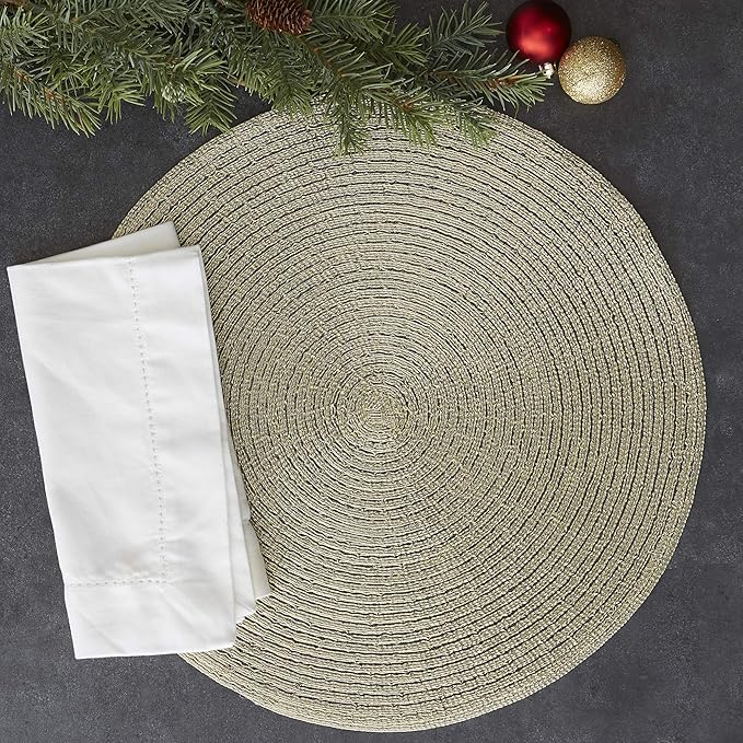 DII Woven Placemats Collection Metallic Round Placemat Set, 15", Champagne, 4 Piece
