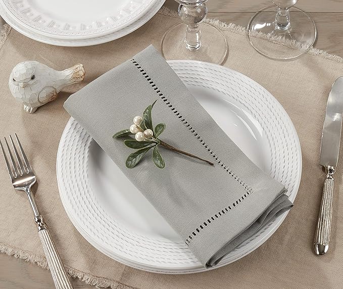 SARO LIFESTYLE Hemstitched Border Dinner Napkin (Set of 12), Grey, 20"x20"