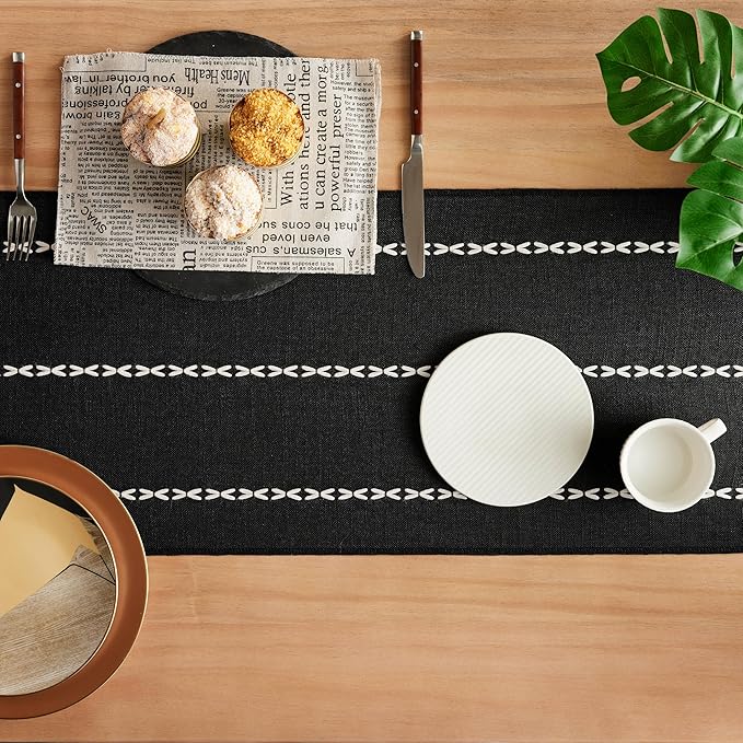 Braided Farmhouse Table Runner,Braided Black 13x90 Inch, Cotton Linen Table Runners 90 Inches Long, Embroidered Striped Black Boho Table Runner Rustic Home Decors