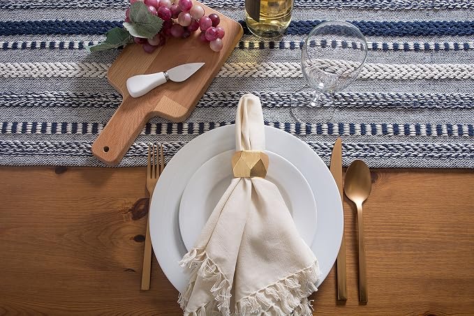 DII Farmhouse Braided Stripe Table Runner Collection, 15x108 (15x113, Fringe Included), Navy Blue